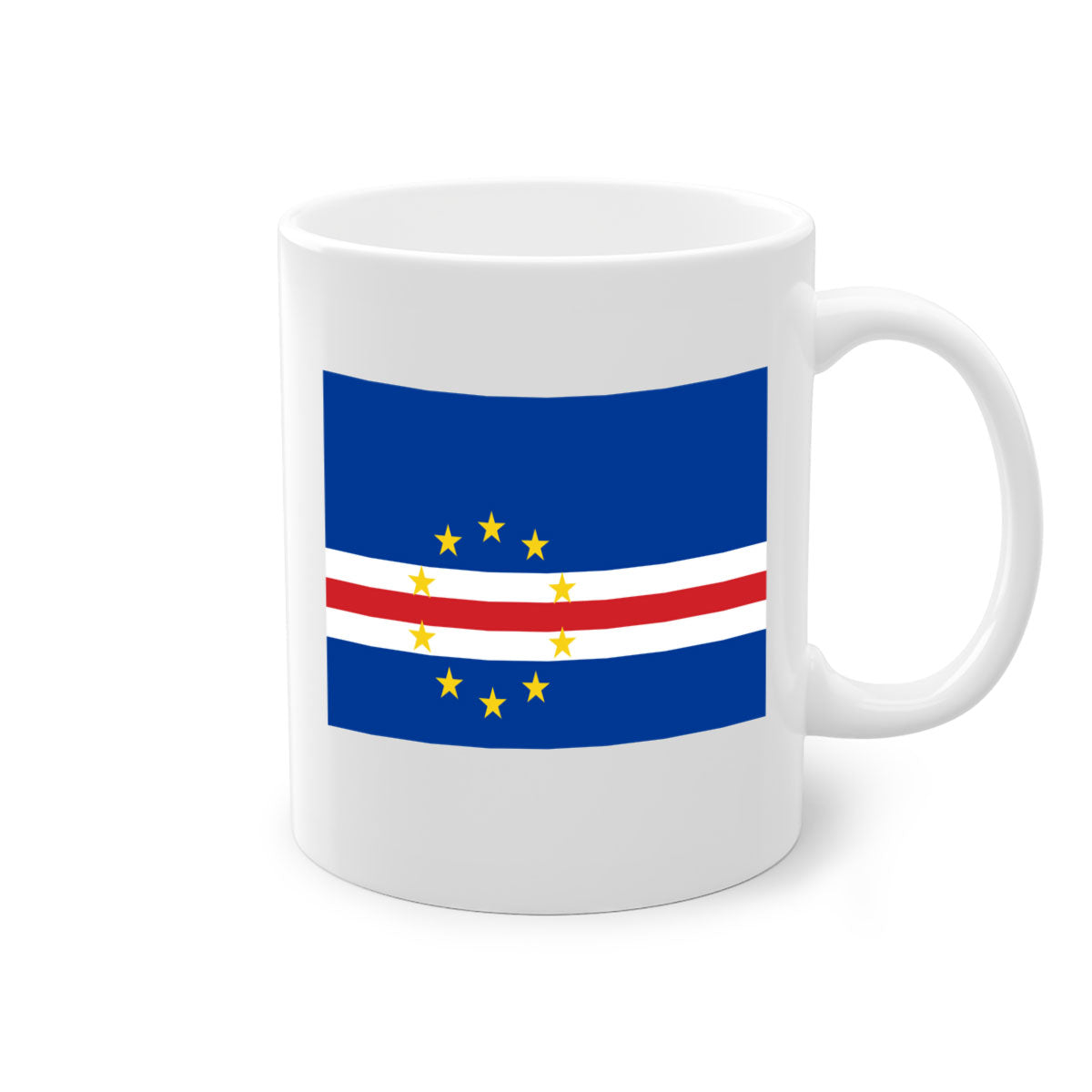 Cabo Verde 169# Mug featuring a glossy finish with a colorful handle and interior, available in multiple sizes.